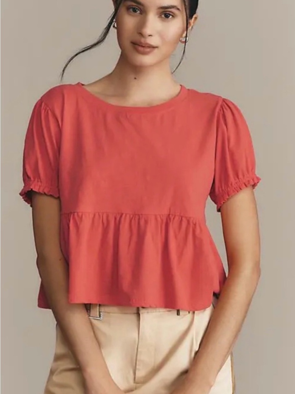 Anthropologie swingy puff sleeve tee. Red. Size Small